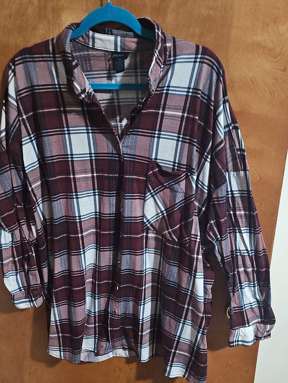 Women's Burgundy and White Plaid Button-Up Shirt